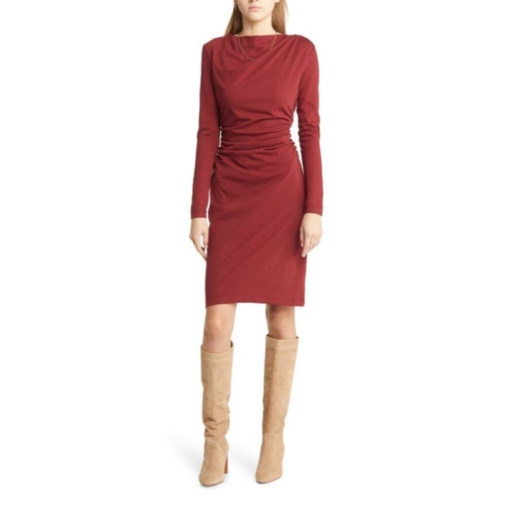 Treasure & Bond Side Ruched Midi Bodycon Dress Size S Long Sleeve Red EUC B25